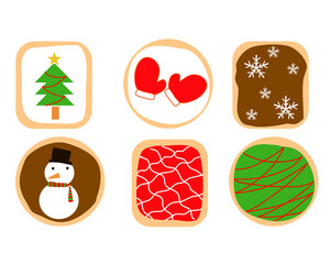 christmas icon cookies, snow man, snowflacke, gloves and christmas tree vector illustartion