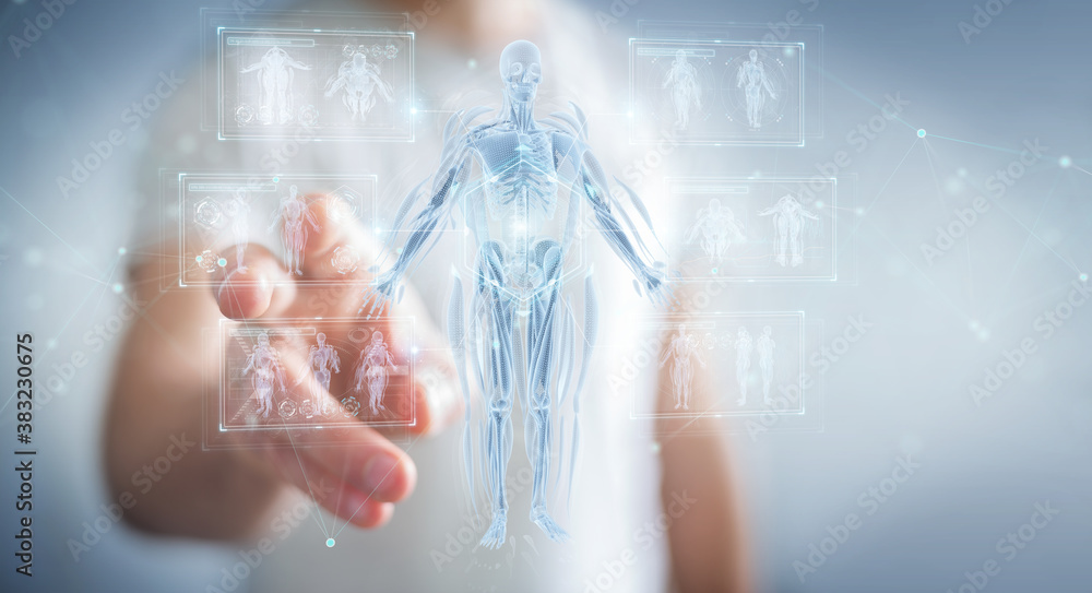 Poster Man using digital x-ray human body holographic scan projection 3D rendering