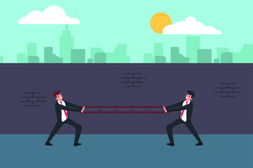 Fototapeta premium Business fight vector concept: Two businessmen are fighting to take a ladder by tug the ladder