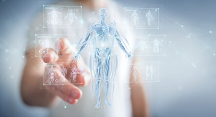 Man using digital x-ray human body holographic scan projection 3D rendering