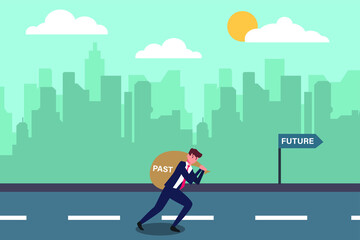 Fototapeta na wymiar Business vision vector concept: Businessman carrying a bag with past text to the future