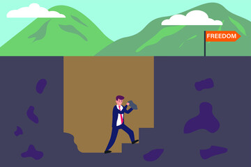 Business freedom vector concept: Businessman making a way to escape from a hole and gain the freedom