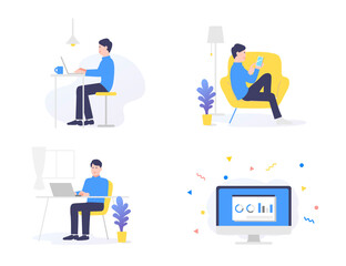 様々な場所でITを使う男性のイメージイラスト