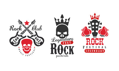 Rock Club Logo Templates Set, Legendary Rock Music Fest Retro Labels Vector Illustration