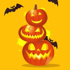 Happy Halloween. Festive background with realistic 3d orange pumpkins with cut scary smile, flying bats. Holiday poster, flyer, brochure and template cover.