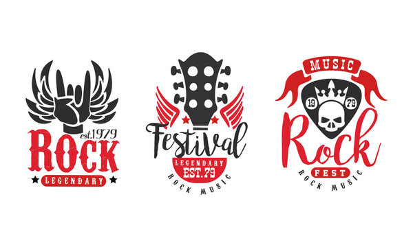 Legendary Rock Fest Logo Templates Set, Rock Music Festival Retro Labels Vector Illustration