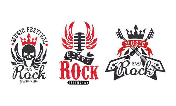 Rock Premium Logo Templates Set, Legendary Music Festival Retro Labels Vector Illustration