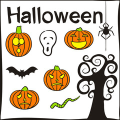 Set of hand-drawn Halloween elements isolated on white background. Halloween icons in doodle style. Curved pumpkins, spider, bat, worm, magic tree, screaming skull. Vector illustration