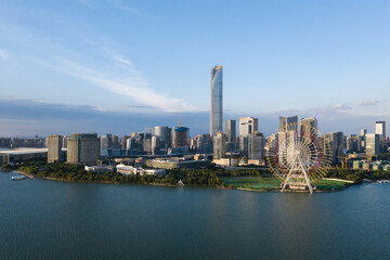 City buildings by Jinji Lake in Suzhou, China.
