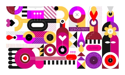 Wall murals Abstract Art Flat design of wine bottles and music instruments isolated on a white background. Geometric style vector illustration. 