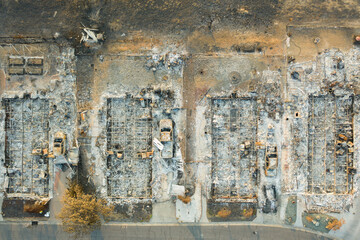 Aerial view of burned down houses from the 2020 Almeda wildfire in Southern Oregon, USA