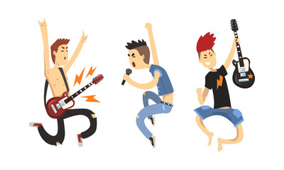Rock Musicians Characters Playing Electric Guitars and Singing, Rock Band Performing on Rock Festival Cartoon Style Vector Illustration