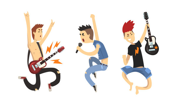 Festa dos roqueiros. músicos de desenho animado com guitarras elétricas,  conceito de apresentação no festival de música rock, ilustração vetorial de  banda criativa de cantores isolados no fundo branco