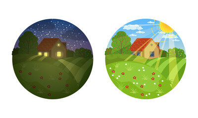View of Small Country House in Different Times of the Day Set, Rural Summer Landscape of Circular Shape Cartoon Vector Illustration