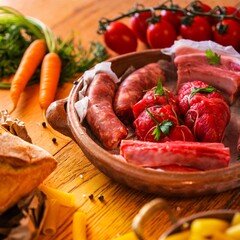 Still life di carne cruda con verdure su tavolo di legno