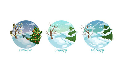 Three Months of the Year Set, Winter Season Nature Landscape, December, January, February Months Vector Illustration