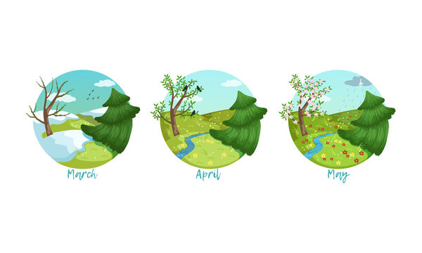 Three Months of the Year Set, Spring Season Nature Landscape, March, April, May Months Vector Illustration