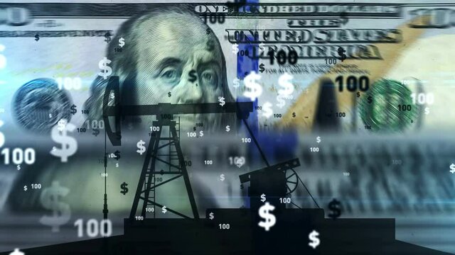 Oil pump silhouette working over counted 100 dollar banknotes. Abstract business metaphor of refineries, industry, money, energy and fossil fuels. Seamless loopable concept. Loop animation.