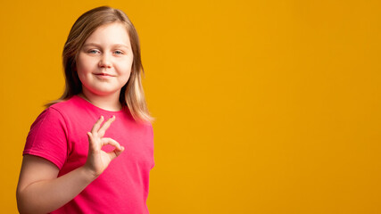 OK sign. Satisfied child. Perfect choice. Agreement deal. Portrait of happy young girl in pink showing approval hand gesture looking at camera isolated on orange copy space advertising background.