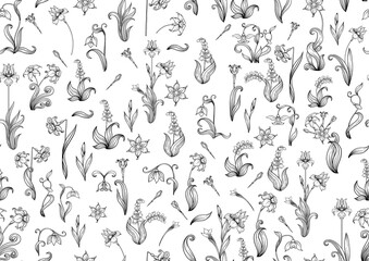 Seamless pattern, background with spring flowers in vintage, retro, art nouveau style. Vector illustration. Isolated on black background.