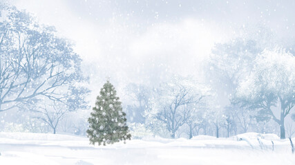 Winter forest. Christmas festive background. White snow drifts and Christmas tree	