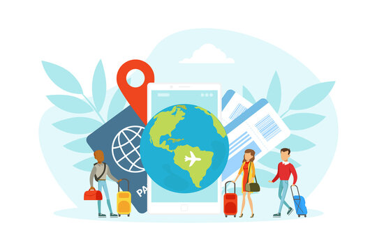 Tourists Characters Traveling over the World, Tiny People Going on Vacation with Luggage Vector Illustration