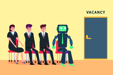 Artificial Intelligence Robot in business vector concept: People and robot waiting for job interview while sitting together on the chair