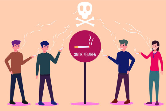 Smoking vector concept: Young people smoking together in smoking area with skull picture