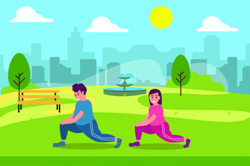 Obraz na płótnie Canvas Sports vector concept: Fat couple doing exercise together in the park while wearing sportswear