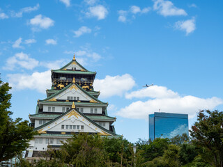 japanese castle and building with air plane