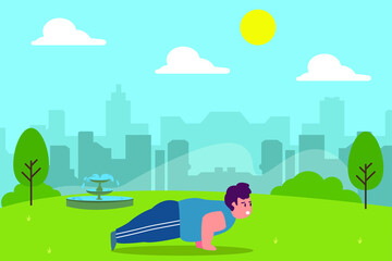 Obraz na płótnie Canvas Sports vector concept: Obese man doing push up to get slim body in the park