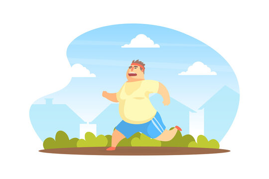 Chubby Man Running in Park, Overweight Man Character Doing Workout Outdoors Vector Illustration