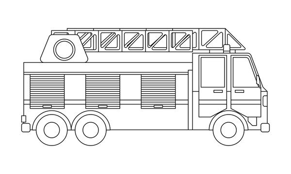 Fire engine side view outline isolated on white background. Coloring page.