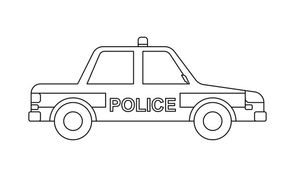 Police car side view outline isolated on white background. Coloring page.