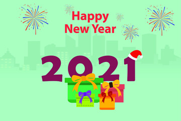 Happy new year vector concept: Happy new year 2021 text with gifts and fireworks