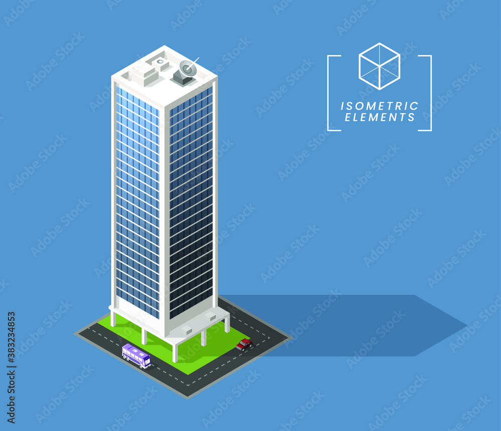 Poster isometric high quality city building with shadows on background . isolated vector elements