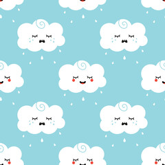 Two cute cartoon rainy cloud characters, happy and sad, vector seamless pattern background.
