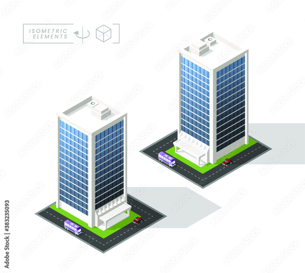 Aufkleber isometric high quality city building with shadows on background . isolated vector elements