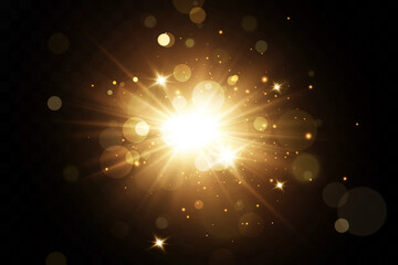 Sun burst. Shining stars. Shining golden stars isolated on black background. Effects,glitter, explosion, golden light. Vector illustration.Set. 