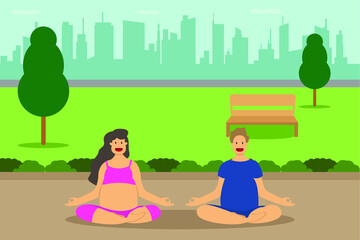 Lose weight vector concept: Obesity couple doing yoga training together while sitting in the park