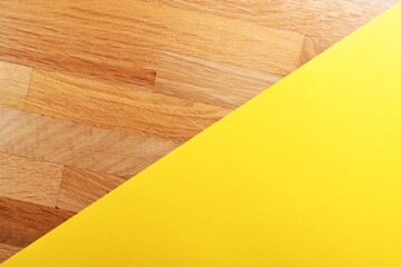 Blank Yellow Paper Sheet Parquet Floor Background Top View Place Text.Business, design.