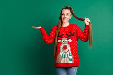 Portrait of her she nice-looking attractive pretty cheerful long-haired girl holding on palm copy...