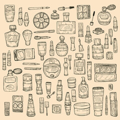 Big set of 62 make-up products and perfumes including mascara, eyeshadow, lipsticks, powder, brushes and others. Vector hand drawn make-up collection.