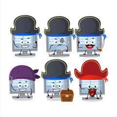 Cartoon character of among us monitor with various pirates emoticons