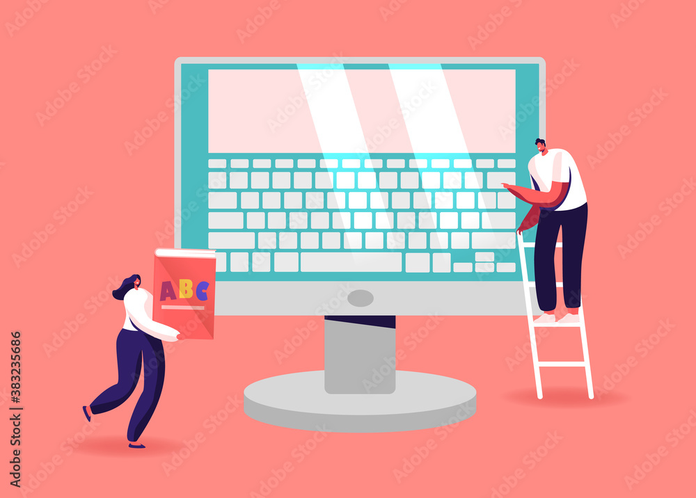 Poster tiny male female characters at huge computer monitor with keyboard on screen. man stand on ladder ty