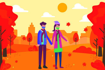 Autumn in new normal vector concept: Young couple standing in the park with autumn season while wearing face mask in new normal