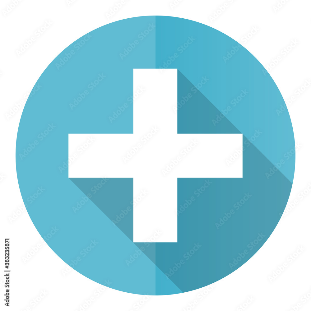 Aufkleber plus vector icon, cross flat design blue round web button isolated on white background