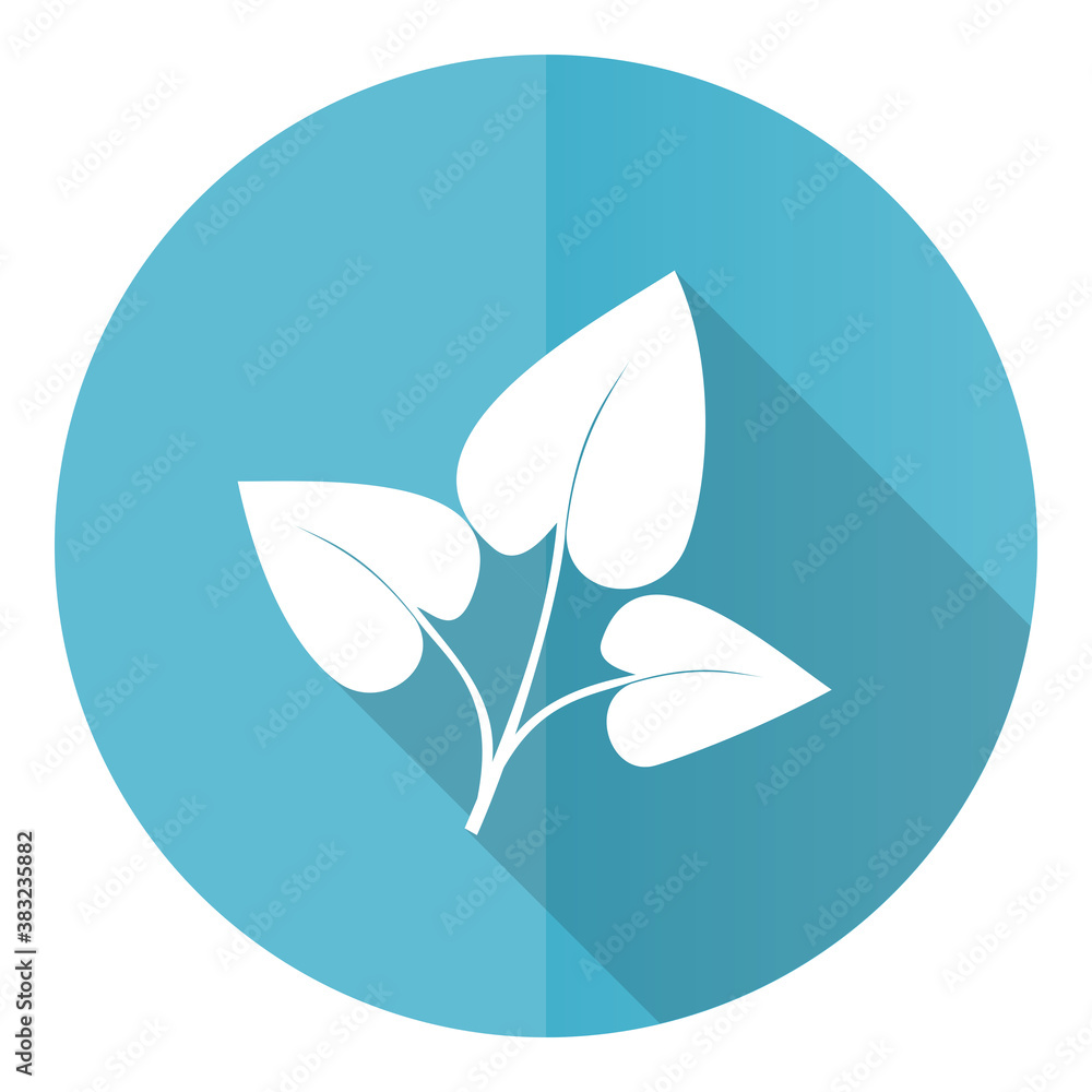 Poster leaf vector icon, flat design blue round web button isolated on white background