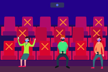 Watching movie in new normal  vector concept: Young man and woman using mobile phone in cinema with health protocol