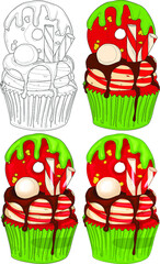 Realistic colorful cupcakes with cream, sprinkles and donut sketch template set. Cartoon vector illustration in color and black and white for games, background, pattern, decor, fabrics. Coloring page